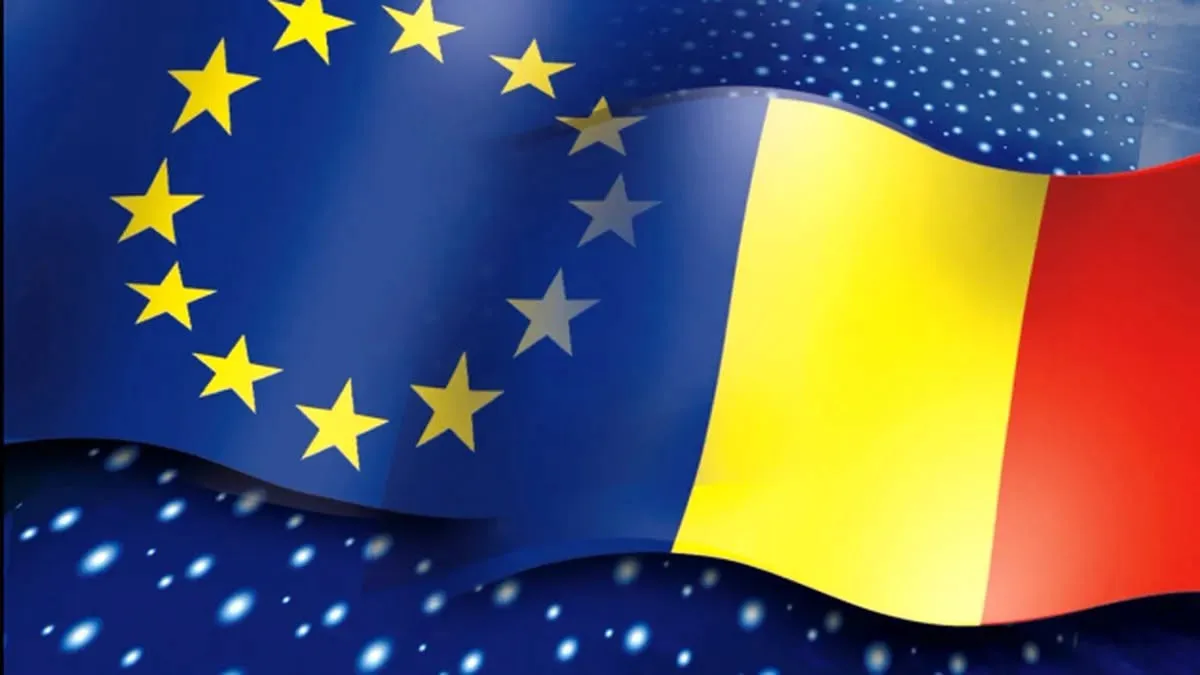 Grafic: drapelul Uniunii Europene și tricolorul României, unite într-un singur steag fluturând