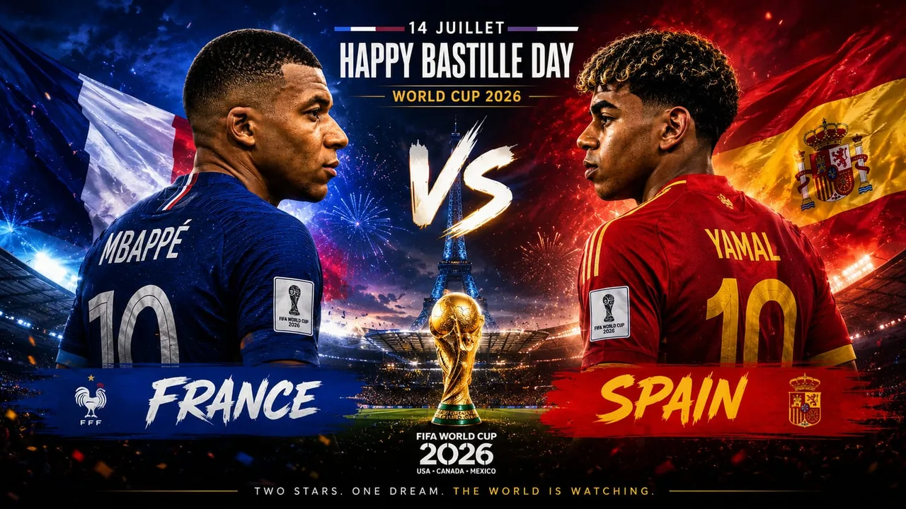 Afiș France-Spain la Cupa Mondială 2026, cu Mbappé și Yamal, ambii cu numărul 10, de Ziua Bastiliei