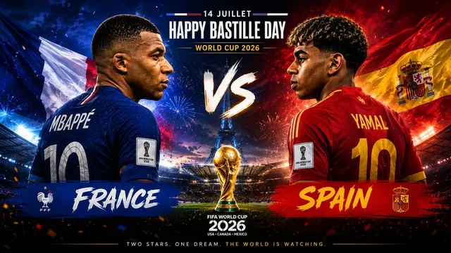 Afiș France-Spain la Cupa Mondială 2026, cu Mbappé și Yamal, ambii cu numărul 10, de Ziua Bastiliei