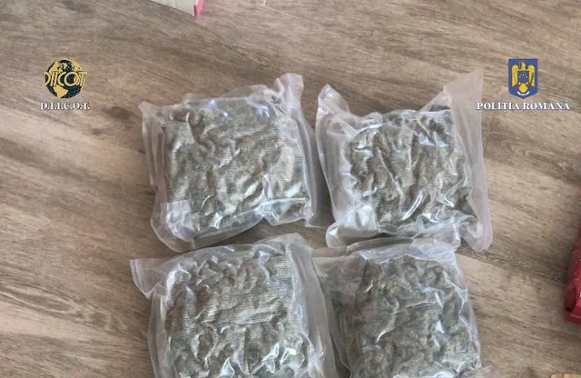 Patru pungi vidate cu material vegetal uscat, pe o masă, cu sigla Poliției Române în colț