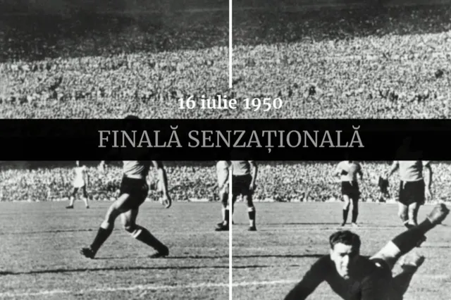 Meci de fotbal într-o imagine de arhivă alb-negru, cu textul „16 iulie 1950” și „Finală senzațională”