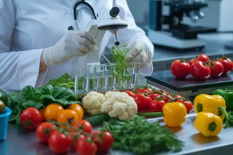Laborant cu mănuși care analizează probe, lângă legume proaspete: roșii, ardei și conopidă