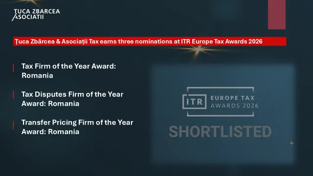 Grafic cu sigla Țuca Zbârcea & Asociații și lista celor trei categorii, cu mențiunea „Shortlisted”