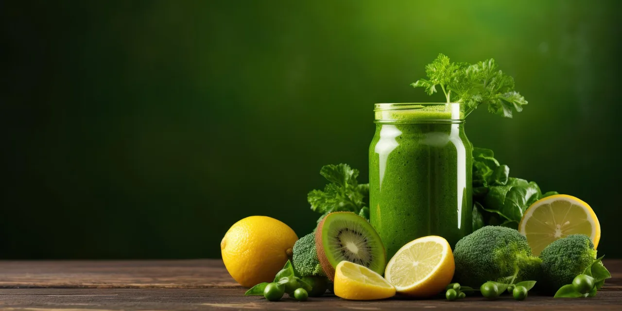 Borcan cu suc verde, lângă lămâi, kiwi și broccoli, pe un fundal verde