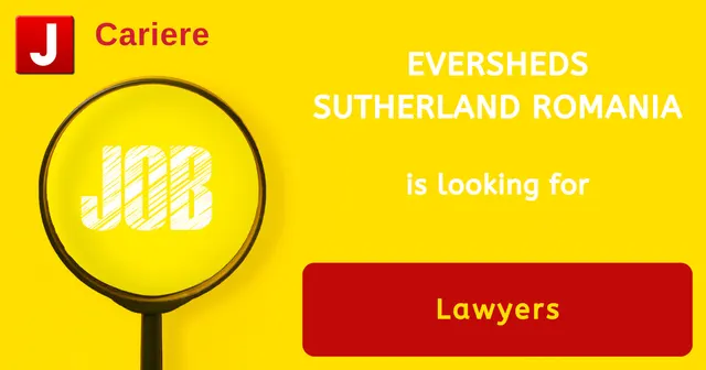 Grafic: anunț de angajare Eversheds Sutherland Romania pentru avocați, cu o lupă și cuvântul JOB