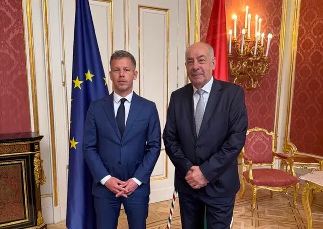Péter Magyar și Tamás Sulyok, în picioare într-un salon cu candelabre, lângă drapelul UE