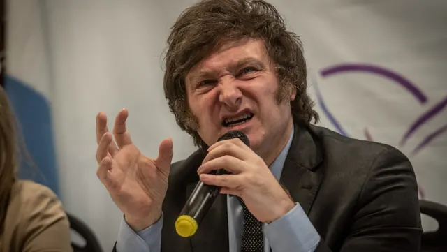 Bărbat cu părul ciufulit și perciuni, vorbind la un microfon și gesticulând cu mâna