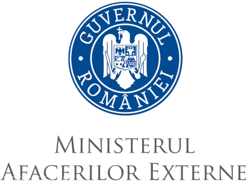 Sigla Guvernului României, cu inscripția Ministerul Afacerilor Externe, pe fundal alb