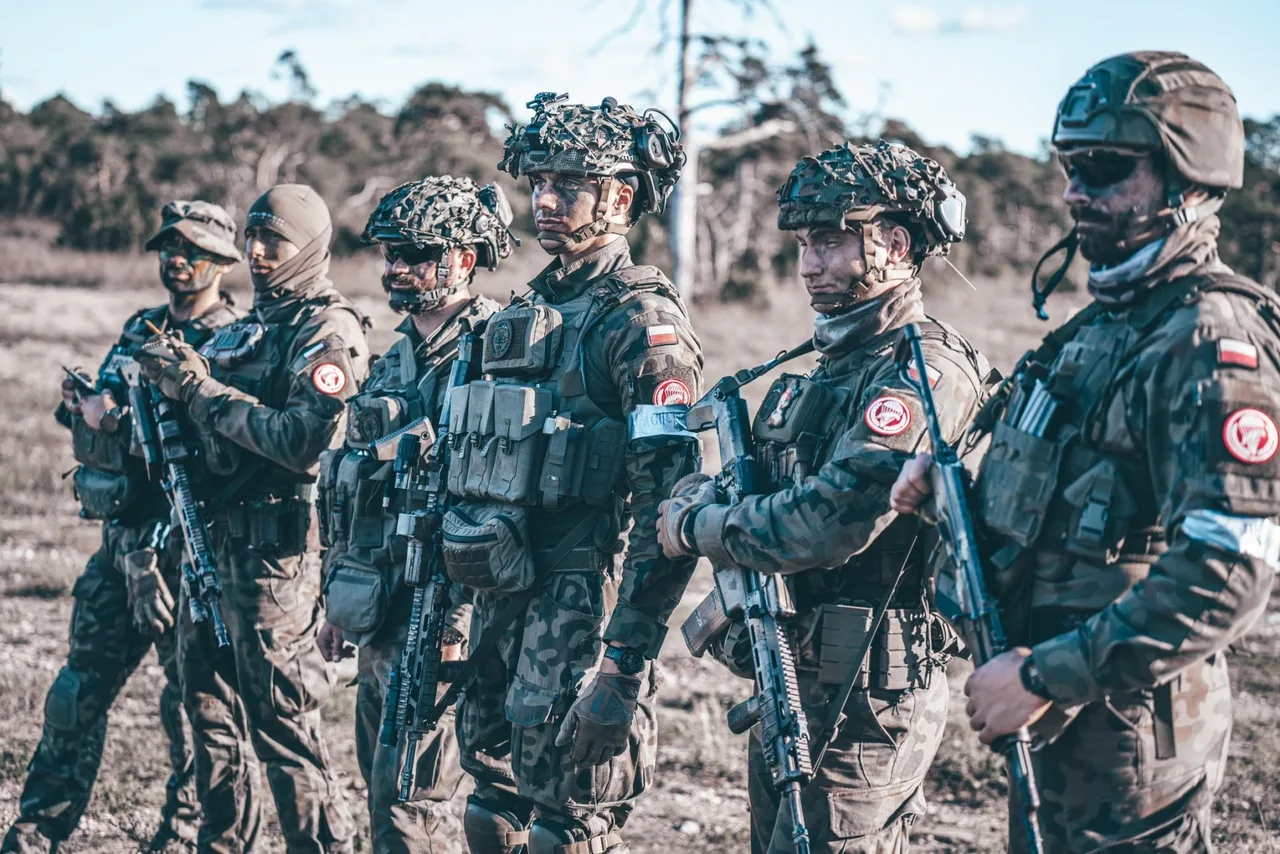 Militari ai armatei poloneze în echipament de camuflaj, cu căști și arme