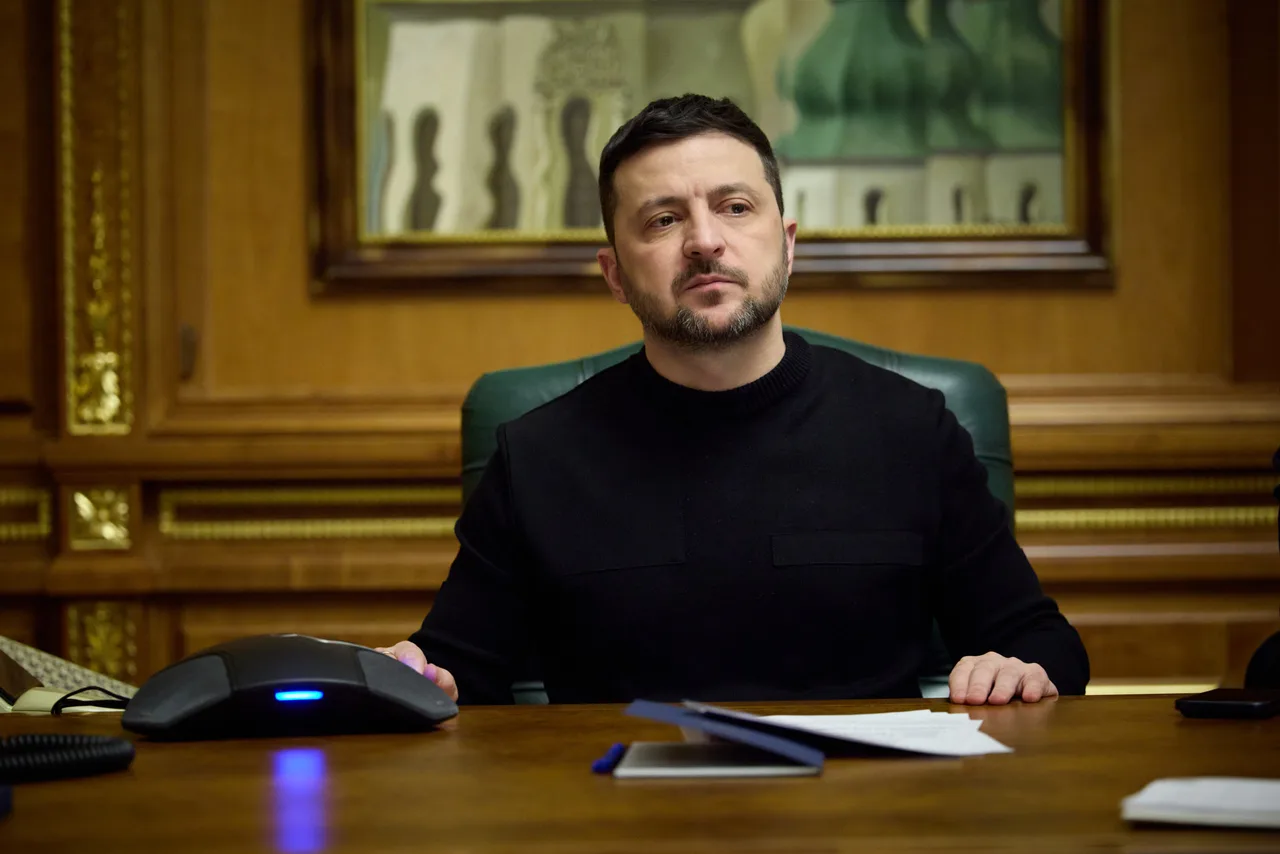 Volodimir Zelenski, în pulover negru, așezat la un birou de lemn
