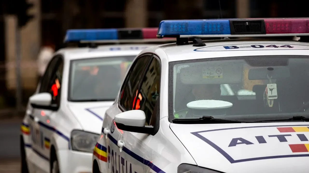 Autospeciale de poliție parcate una lângă alta, cu girofarurile pe capotă