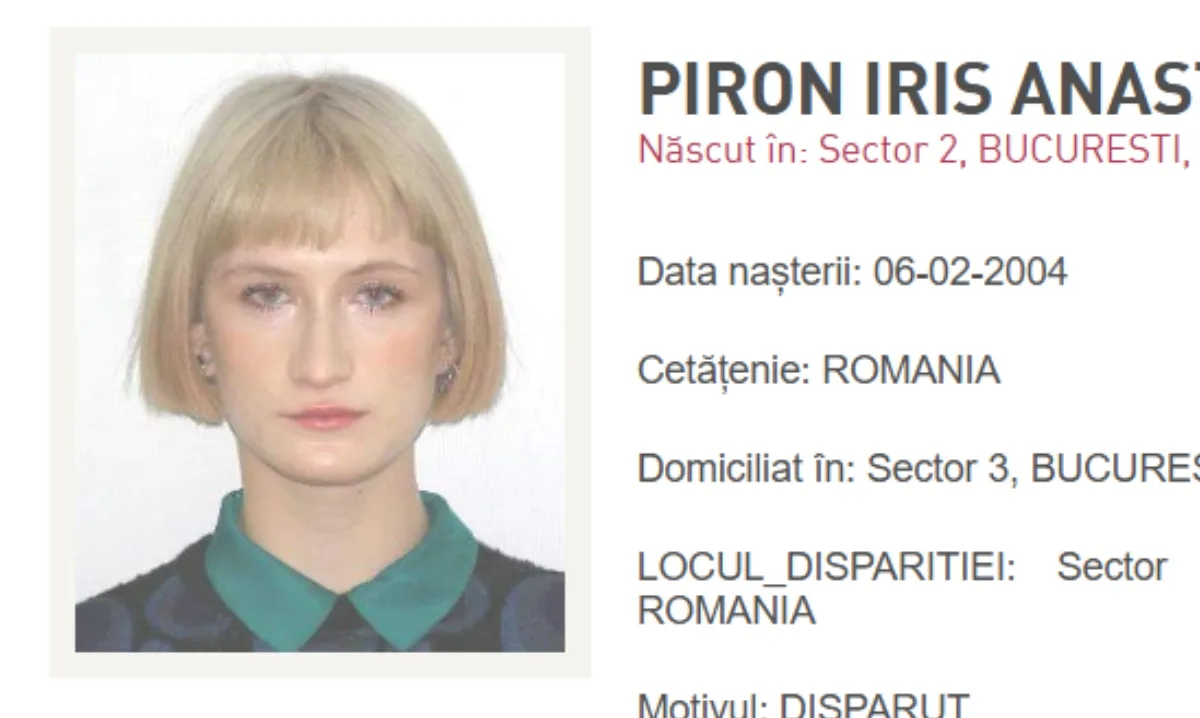 Captură de ecran: fișa de persoană dispărută pe numele Iris Anastasia Piron, cu fotografia ei