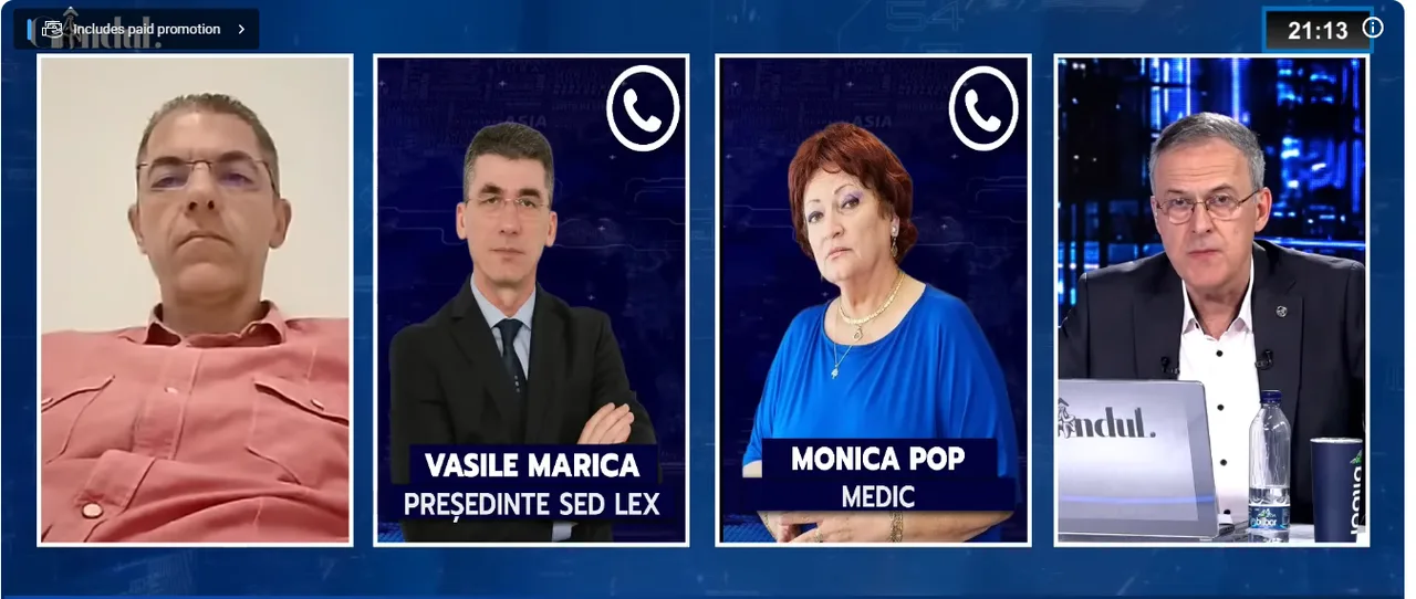 Captură de ecran: emisiune cu patru invitați în ferestre, printre care Vasile Marica (Sed Lex) și medicul Monica Pop
