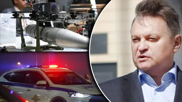 Colaj: o dronă pe un suport de laborator, o mașină de poliție cu girofar și portretul unui bărbat