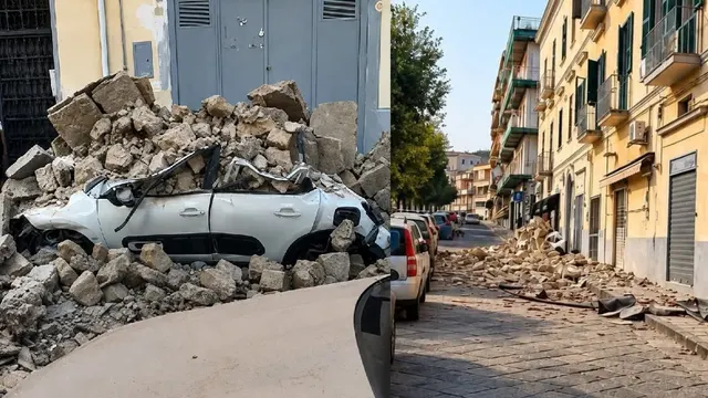 Mașină albă îngropată în dărâmături pe o stradă cu clădiri galbene, după cutremurul din Napoli