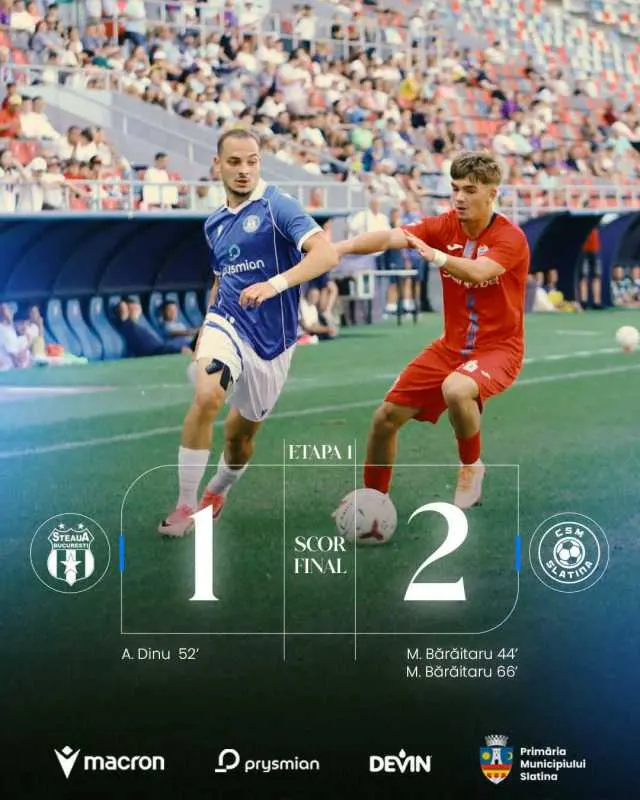 Grafic cu scorul final 1-2 din etapa 1, peste doi fotbaliști, unul în albastru, celălalt în roșu