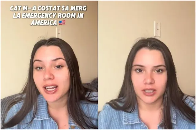 Captură TikTok: tânără cu părul lung vorbind, cu textul „Cât m-a costat să merg la emergency room în America”