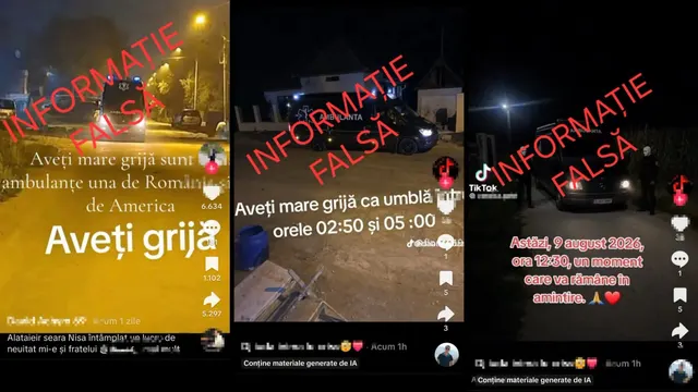 Captură de ecran: trei postări TikTok despre o ambulanță, ștampilate cu roșu „Informație falsă”