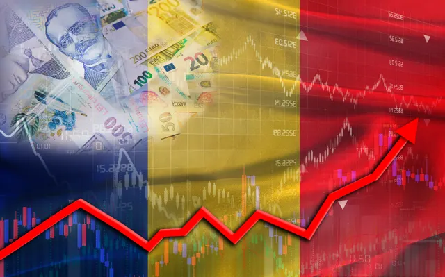 Ilustrație: drapelul României, bancnote în lei și euro și o săgeată roșie de grafic care urcă