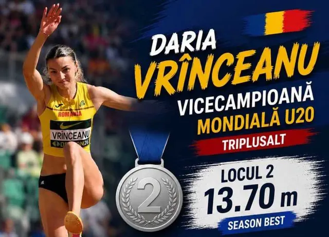 Grafic: atletă în echipament galben, vicecampioană mondială U20 la triplusalt, cu 13,70 m și medalia de argint