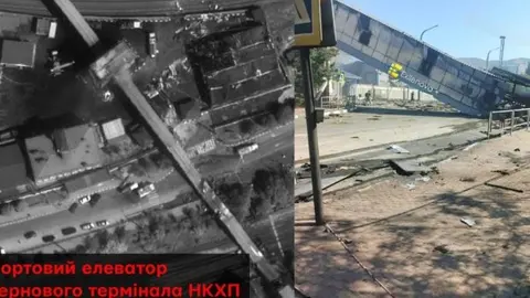 Colaj: imagine de sus a elevatorului unui terminal de cereale, cu legendă în ucraineană, și o structură avariată