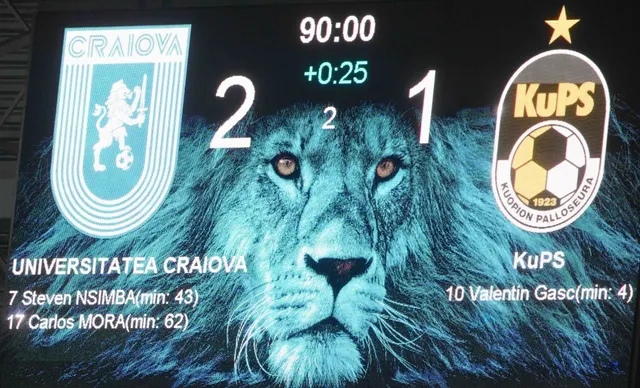 Tabela de marcaj Universitatea Craiova-KuPS 2-1, cu marcatorii Nsimba, Mora și Gasc