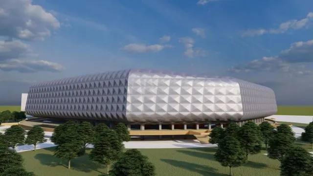 Randare 3D a unui stadion modern cu fațadă albă, fațetată, înconjurat de copaci