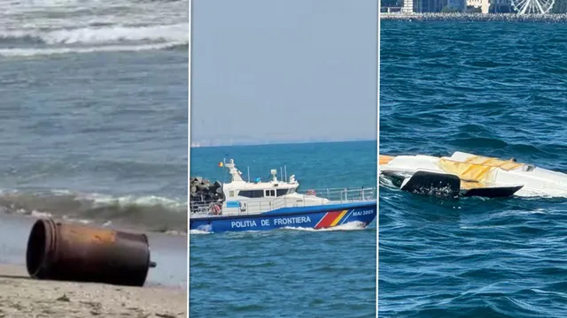Colaj: un obiect metalic ruginit pe plajă, o navă a Poliției de Frontieră și un obiect alb plutind pe apă