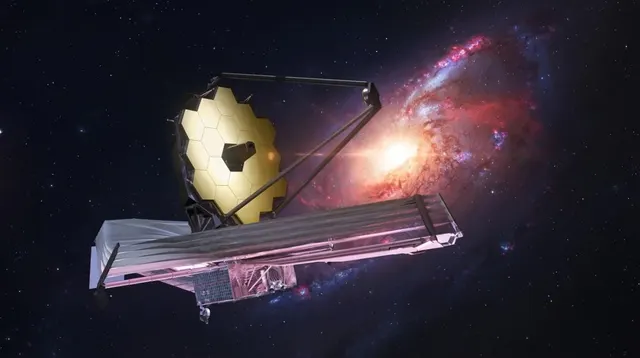 Ilustrație: telescopul spațial James Webb, cu oglinda aurie, pe fundalul unei galaxii
