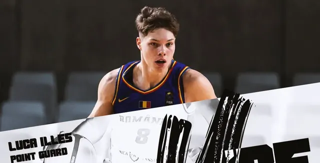 Luca Illeș în echipamentul naționalei de baschet a României, pe un grafic cu inscripția „Point Guard”