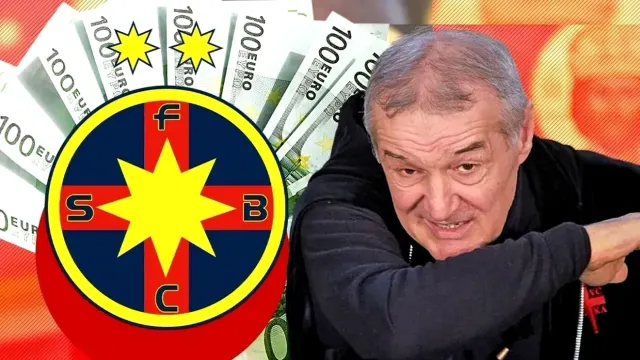 Colaj: bărbat în vârstă, cu părul cărunt, lângă sigla FCSB și un evantai de bancnote de 100 de euro