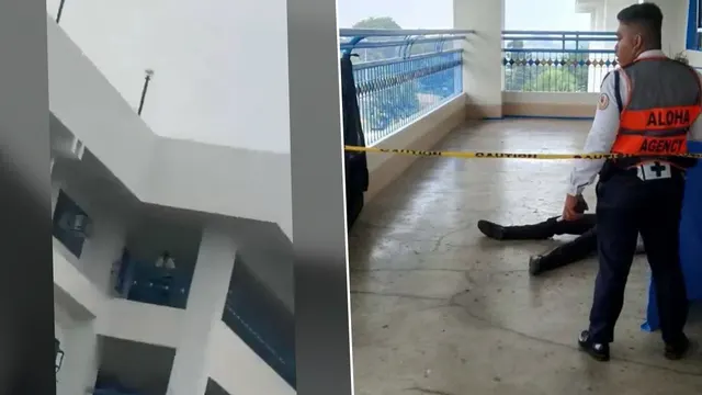 Captură video: un paznic în vestă portocalie lângă o persoană întinsă pe holul unei școli, cu bandă de delimitare