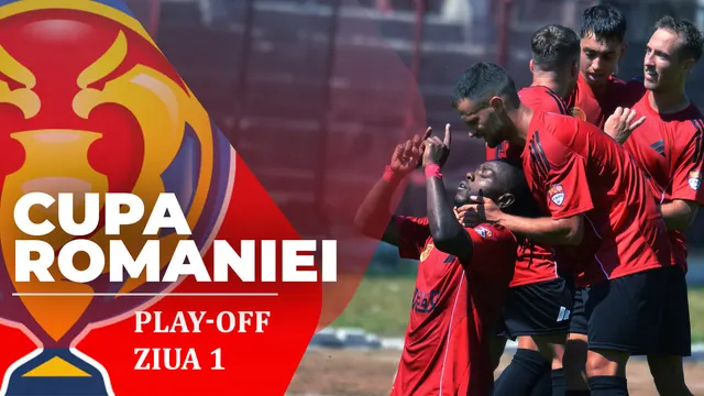 Grafic „Cupa României, play-off, ziua 1”: fotbaliști în echipament roșu-negru îmbrățișându-se