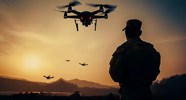 Siluetă de militar la apus, privind mai multe drone care zboară deasupra unui deal
