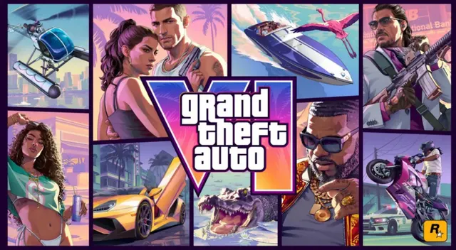 Grafic de copertă Grand Theft Auto, cu personaje, mașini, elicopter și ambarcațiuni în panouri