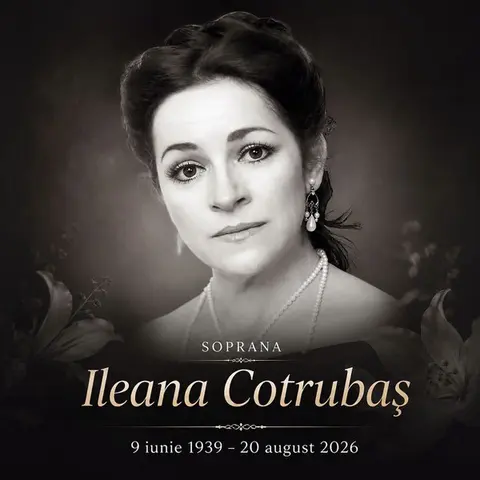 Grafic comemorativ: portretul alb-negru al sopranei Ileana Cotrubaș, cu datele 9 iunie 1939 - 20 august 2026
