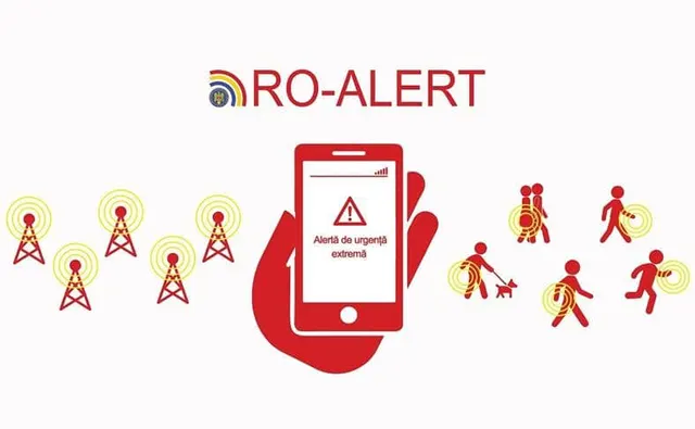 Grafic RO-Alert: telefon cu mesajul „Alertă de urgență extremă”, antene și siluete de oameni