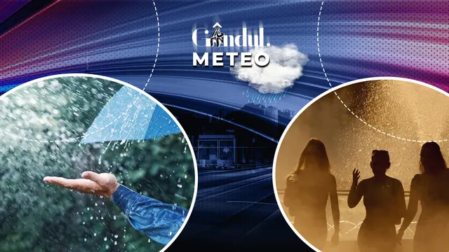 Grafic Gândul Meteo: o mână sub ploaie, alături de siluete de oameni în arșiță