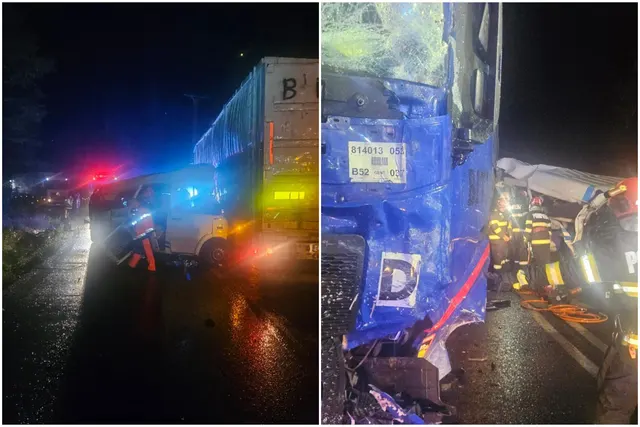 Colaj: un autotren și o dubă distrusă după un accident, noaptea, cu pompieri și girofaruri