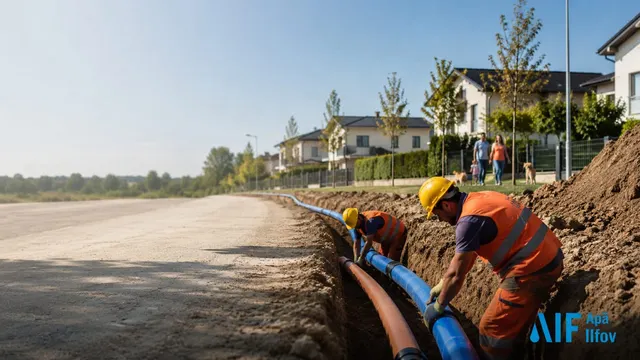 Muncitori în veste portocalii montând țevi albastre într-un șanț, lângă un drum și case noi
