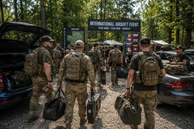Jucători de airsoft în echipament militar cărând genți, la intrarea cu panoul „International Airsoft Event”