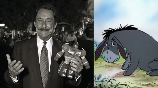 Colaj: bărbat cu mustață, în costum, ținând o figurină de robot, alături de măgărușul Eeyore din desene animate