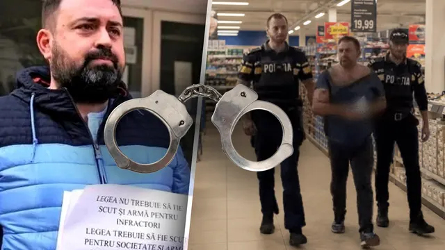 Colaj: bărbat cu barbă ținând cătușe și o pancartă, alături de polițiști care escortează un bărbat într-un magazin