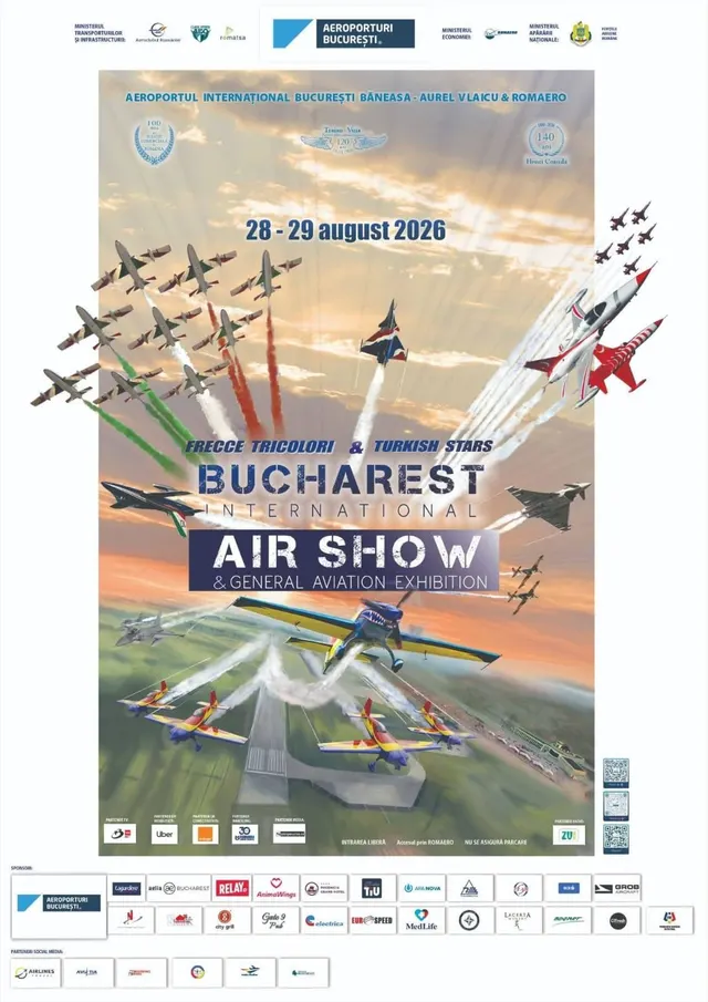 Afișul Bucharest International Air Show, 26-29 august 2026, cu avioane în formație