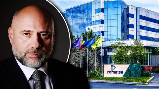 Colaj: Cristian Jura, în costum, și sediul ROMATSA, o clădire de sticlă cu steaguri în față