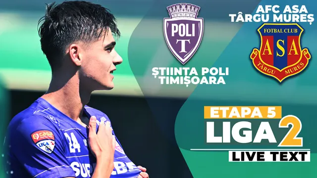 Grafic cu un fotbalist în echipament violet și siglele Știința Poli Timișoara și ASA Târgu Mureș, „Etapa 5 Liga 2”