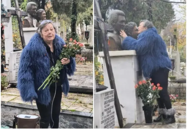 Colaj: femeie în vârstă, în haină de blană albastră, cu flori, la un mormânt cu bust, într-un cimitir