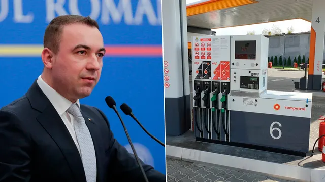 Colaj: Bogdan Ivan vorbind la microfoane și o pompă de carburant la o benzinărie