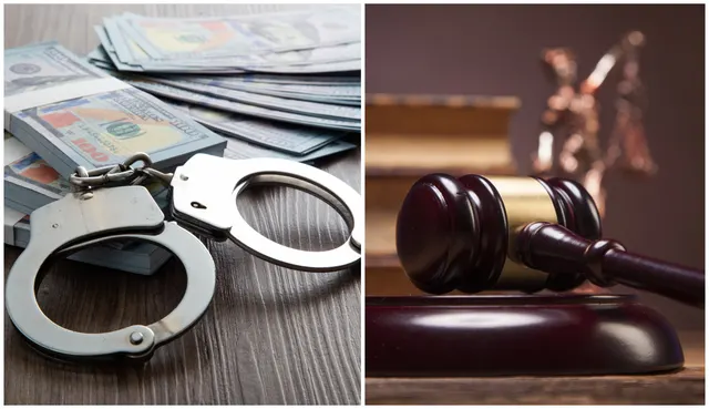 Colaj: cătușe peste teancuri de dolari și un ciocănel de judecător pe masă