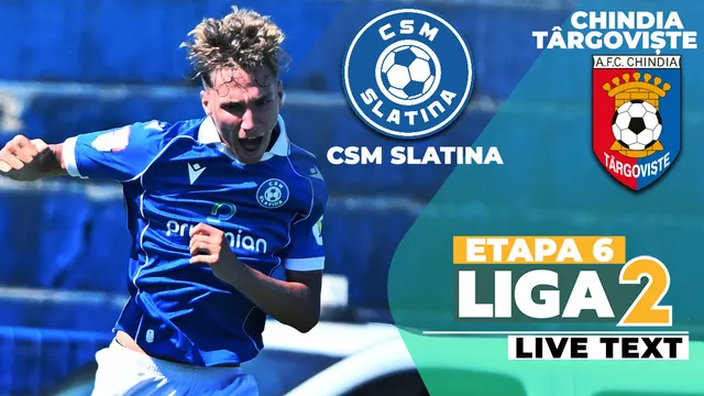 Grafic cu un fotbalist în echipament albastru și siglele CSM Slatina și Chindia Târgoviște, „Etapa 6 Liga 2”